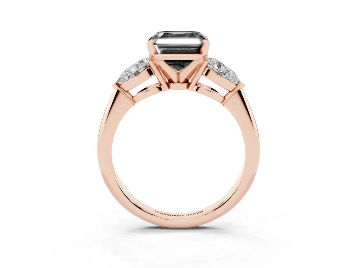 Fancy Black Three-Stone Asscher Cut Diamond Ring with Pear Side Stones and Four-Prong Setting Rose gold