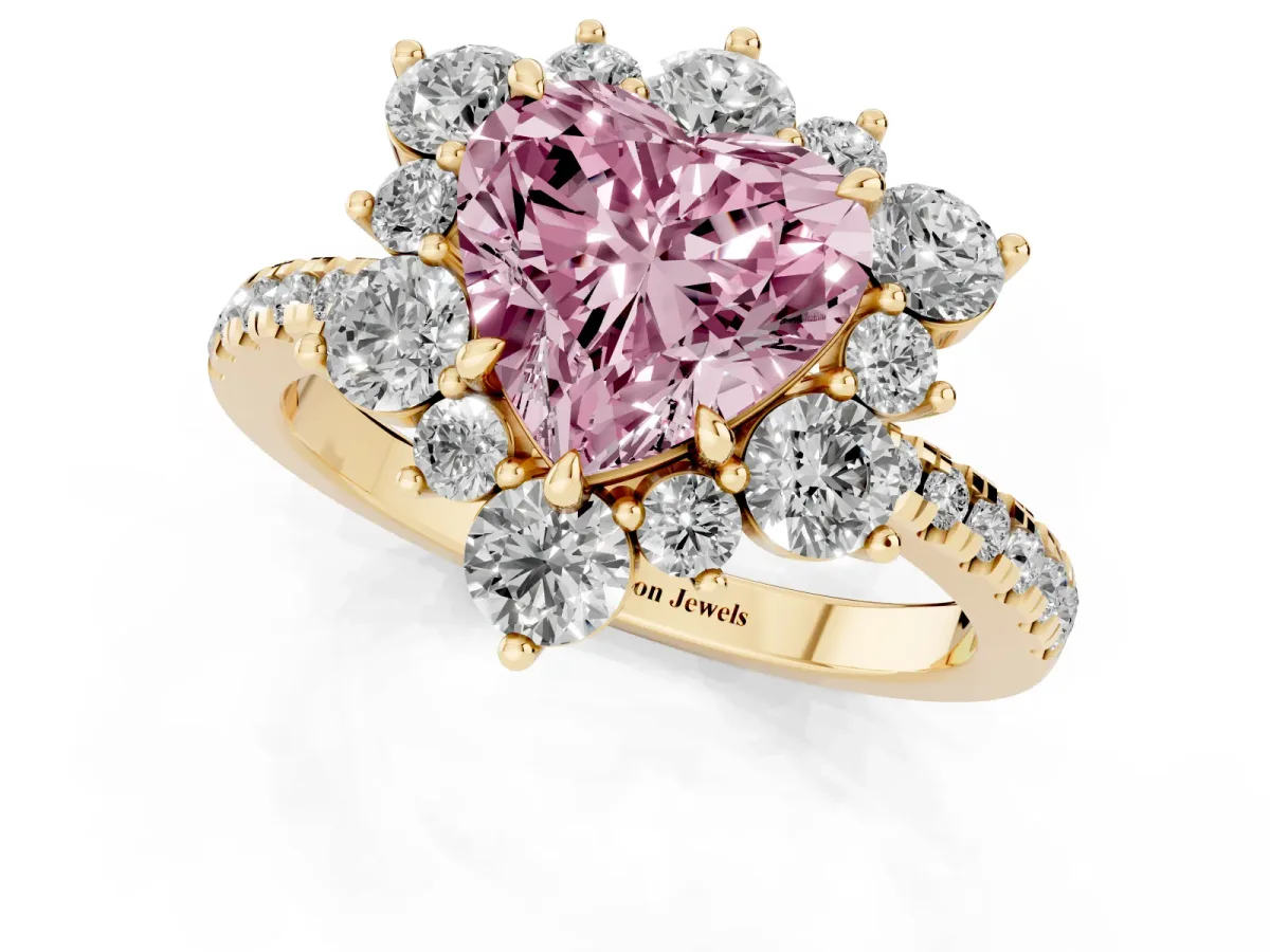 Fancy Pink Heart Cut Diamond Floral Halo Ring with Round Pavé Band and Prong Setting Yellow gold