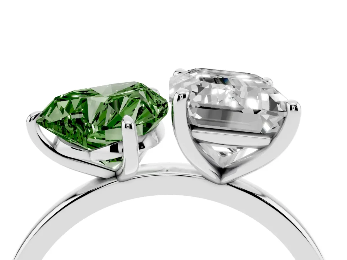 Fancy Green Heart Cut and Emerald Cut Toi Moi Ring with Prong Setting Silver