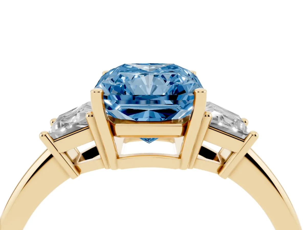 Fancy Blue Radiant Cut Diamond Three-Stone Ring with Trapezoid Side Stones and Prong Setting Yellow gold