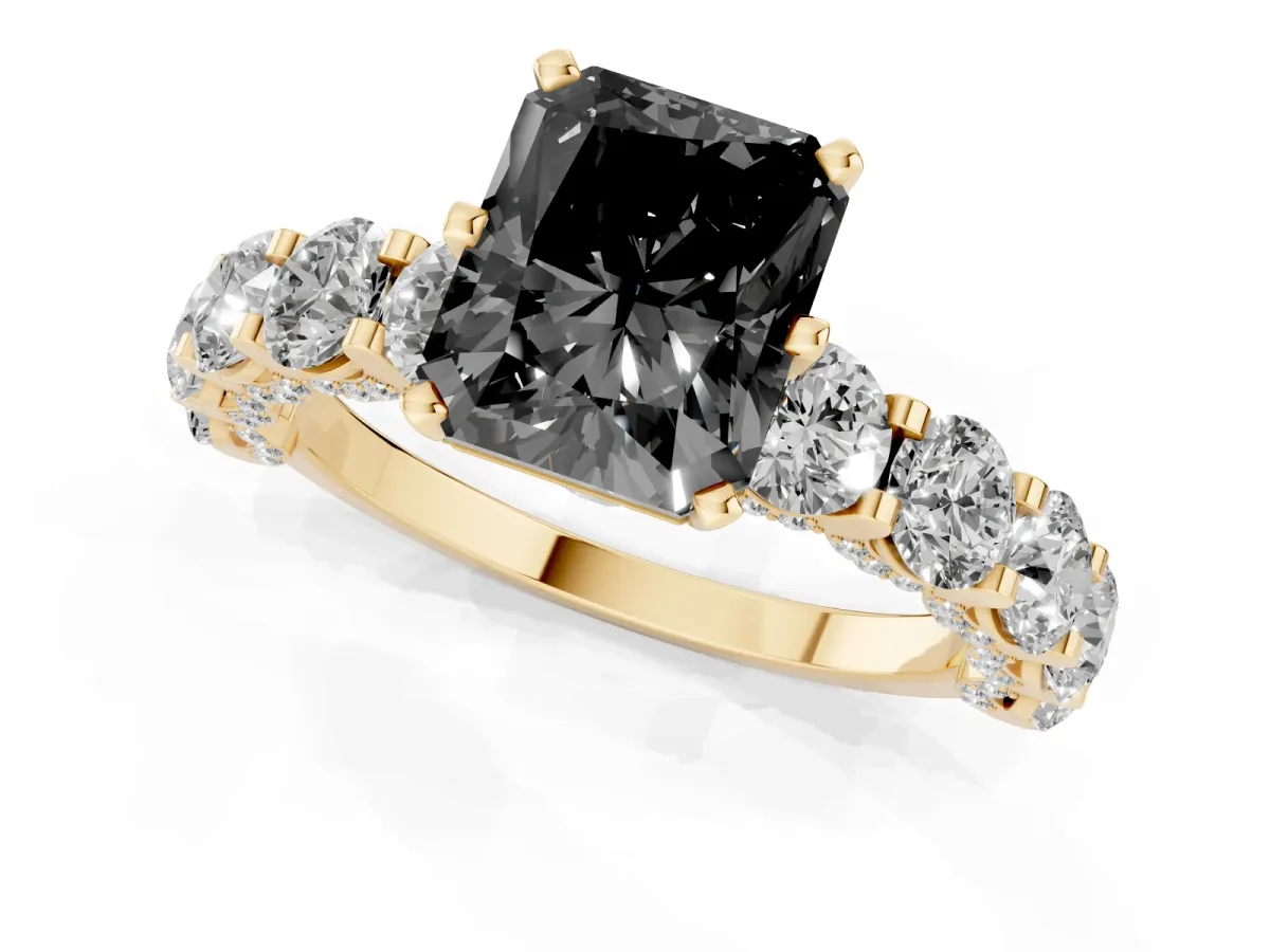 Fancy Black Radiant Cut Diamond Side Stone Engagement Ring with Four-Prong Setting Yellow gold