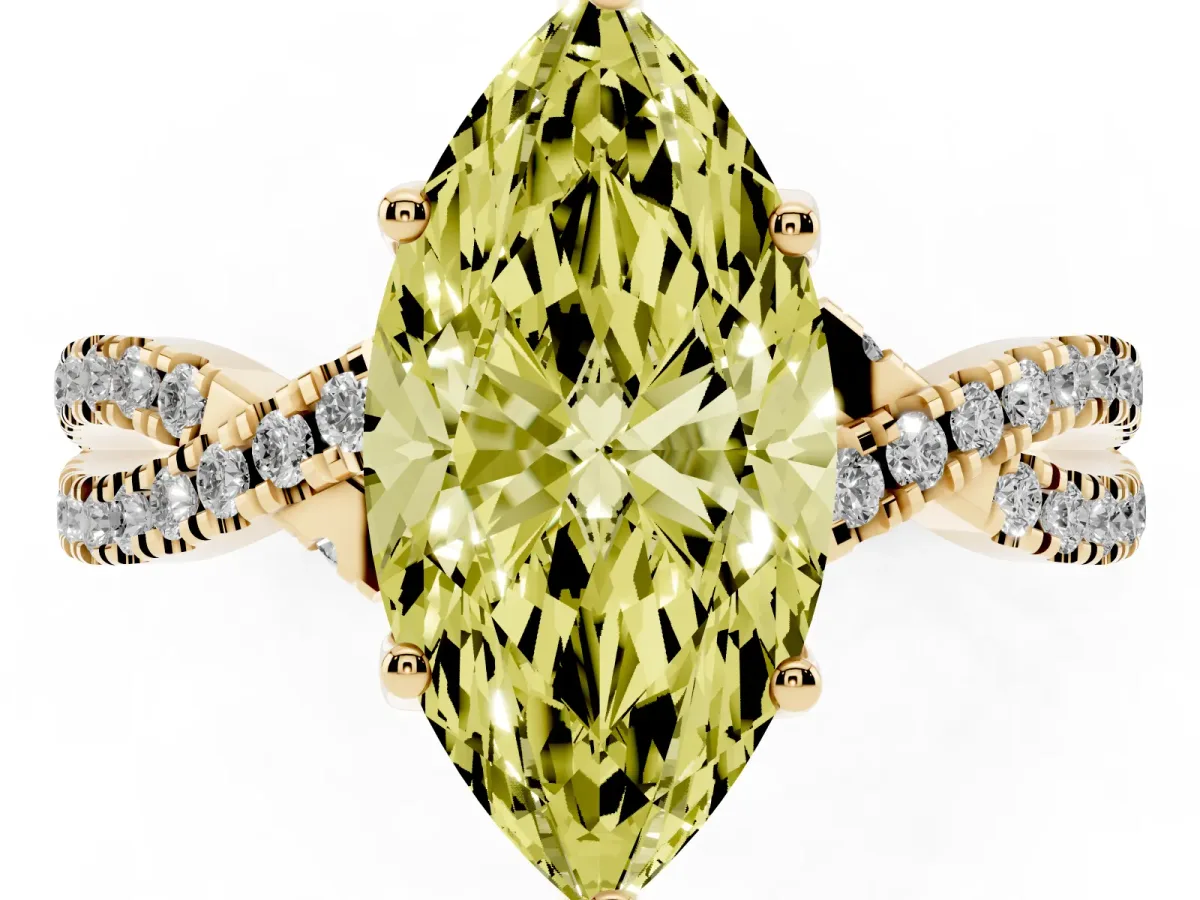 Fancy Yellow Marquise Cut Solitaire Twist Pave Diamond Engagement Ring with Prong Setting Yellow gold