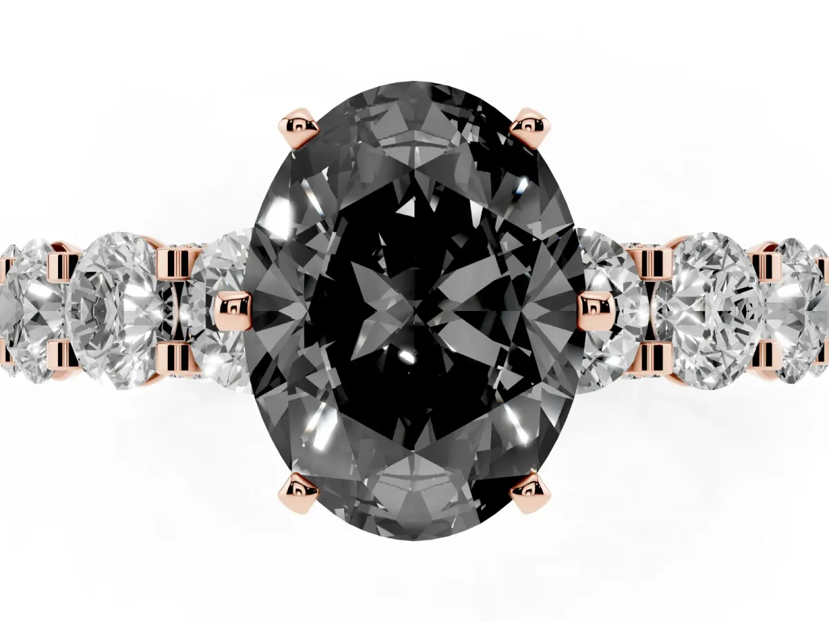 Fancy Black Oval Cut Diamond Side Stone Engagement Ring with Four-Prong Setting Rose gold