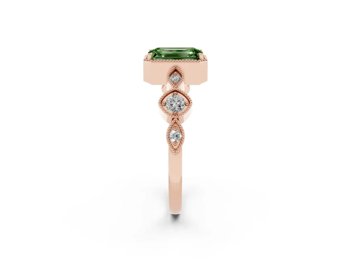 Fancy Green Emerald Cut Diamond Vintage Milgrain Ring with Round Stations Rose gold