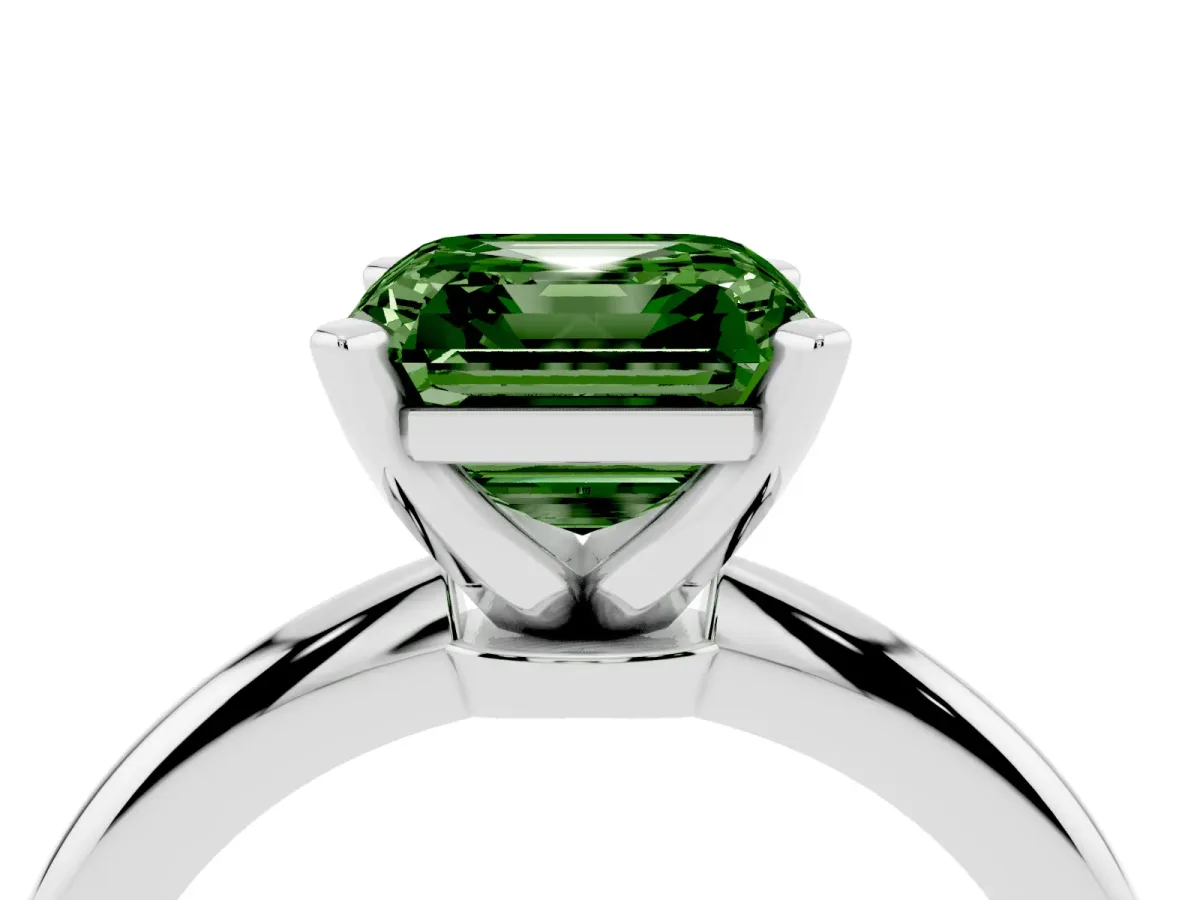 Fancy Green Asscher Cut Diamond Solitaire Ring with Prong Setting and Classic Band Silver