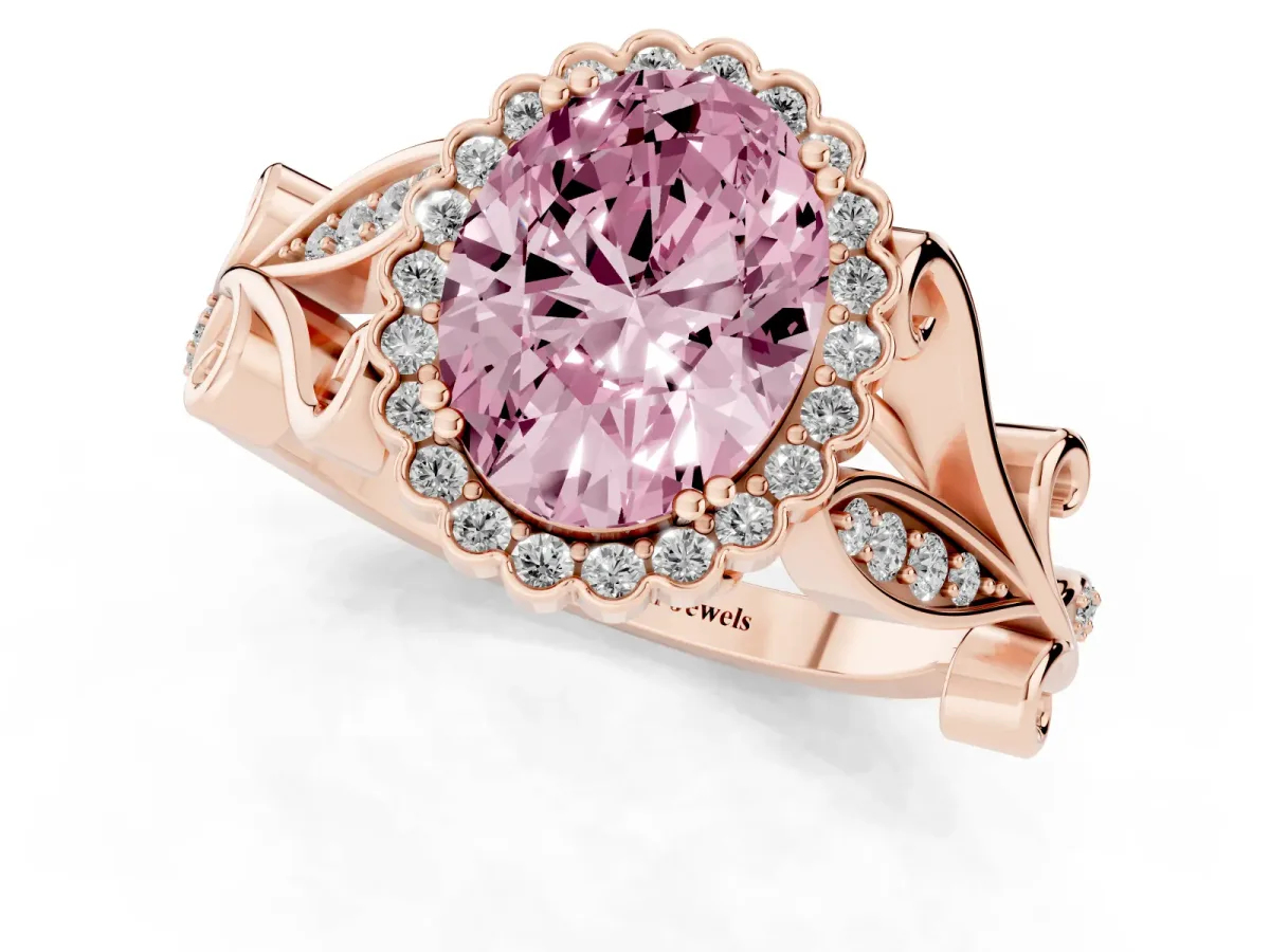 Fancy Pink Oval Cut Diamond Halo Ring with Vintage Split Shank and Four-Prong Setting Rose gold