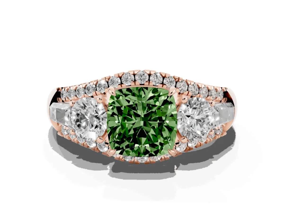 Fancy Green Three-Stone Cushion Cut Diamond Engagement Ring with Pave Band and Prong Setting Rose gold