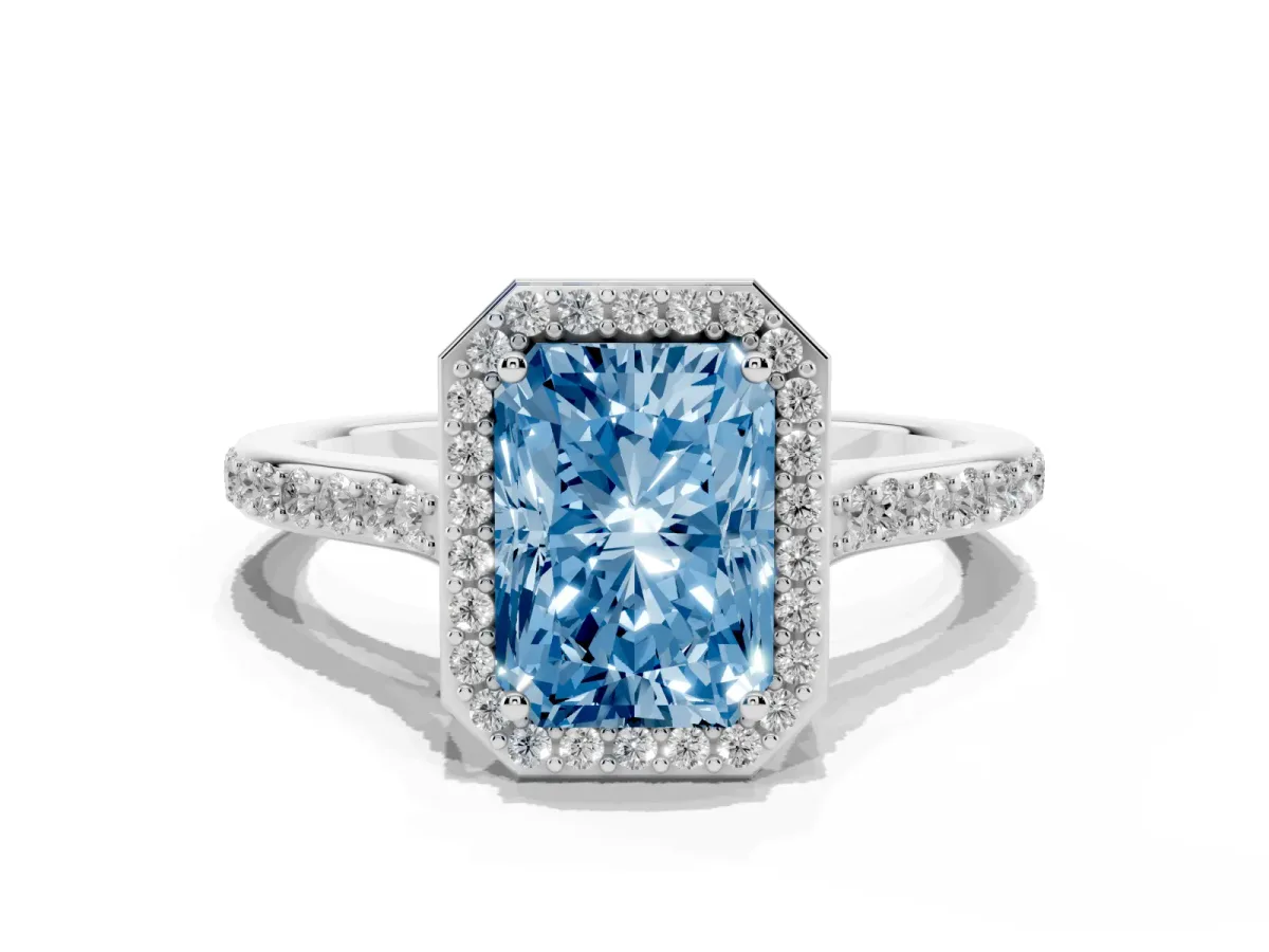 Fancy Blue Radiant Cut Diamond Halo Engagement Ring with Round Pavé Shoulders and Prong Setting Platinum