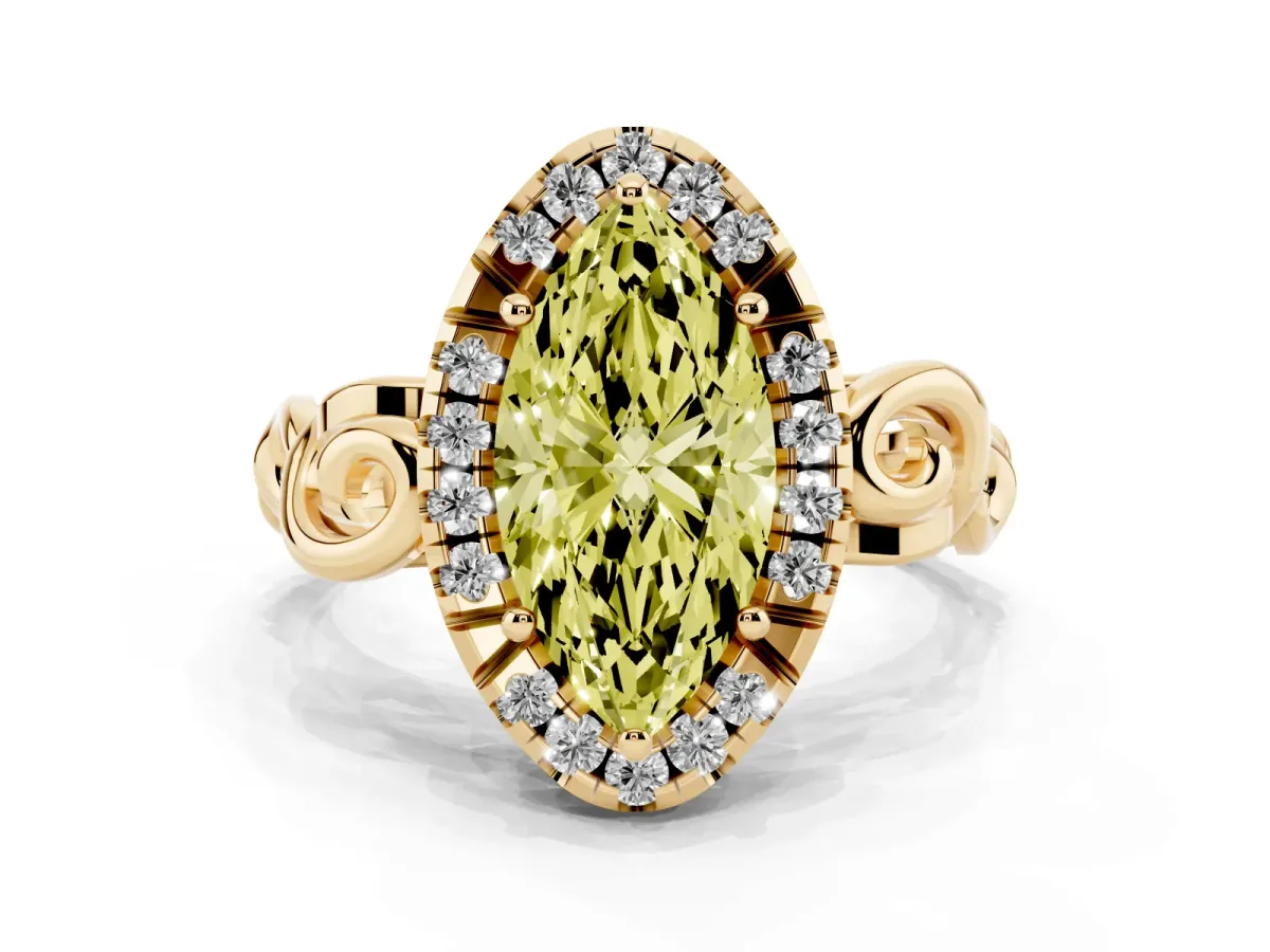 Fancy Yellow Marquise Cut Cut Halo Diamond Ring with Scrollwork Band and Four-Prong Setting Yellow gold
