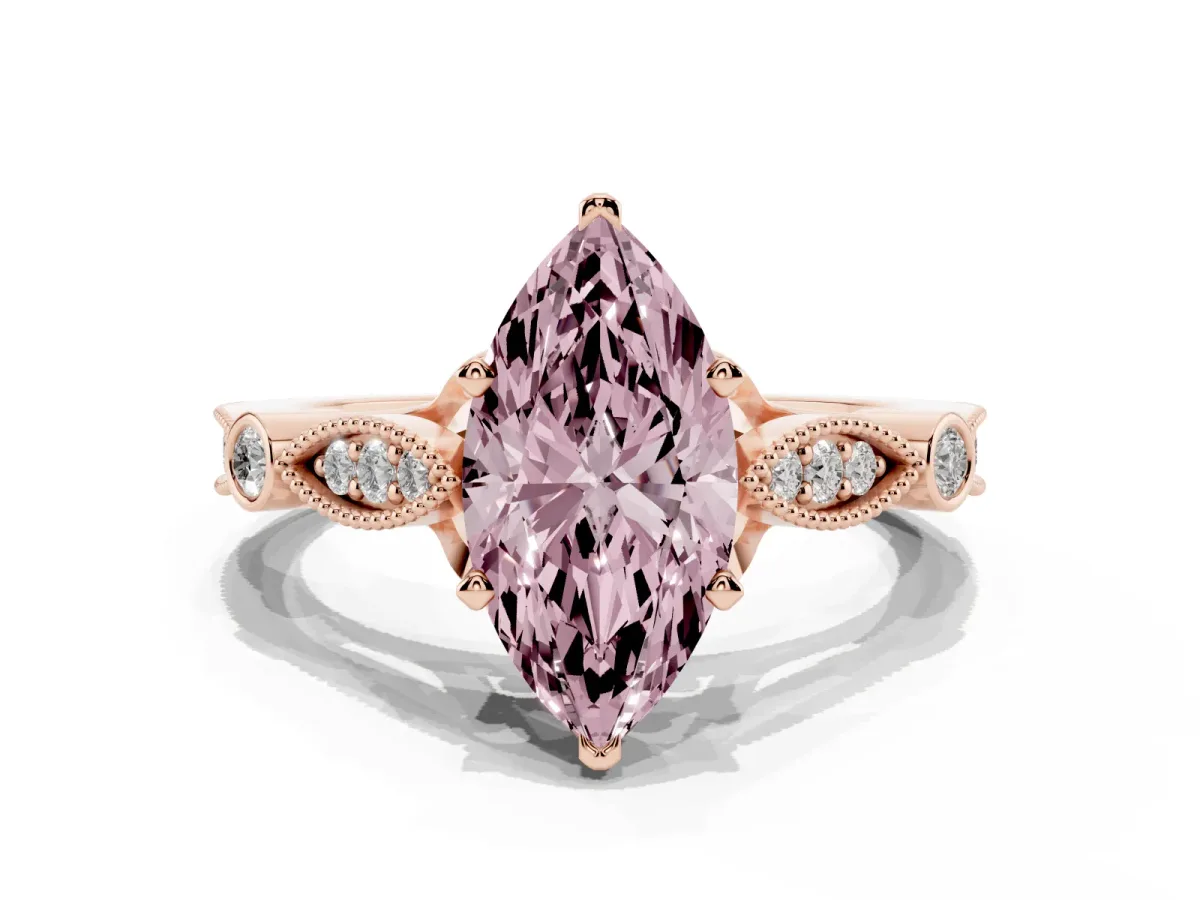 Fancy Pink Marquise Cut Cut Diamond with Milgrain Marquise and Bezel Accents on a Solitaire Band with Prong Setting Rose gold
