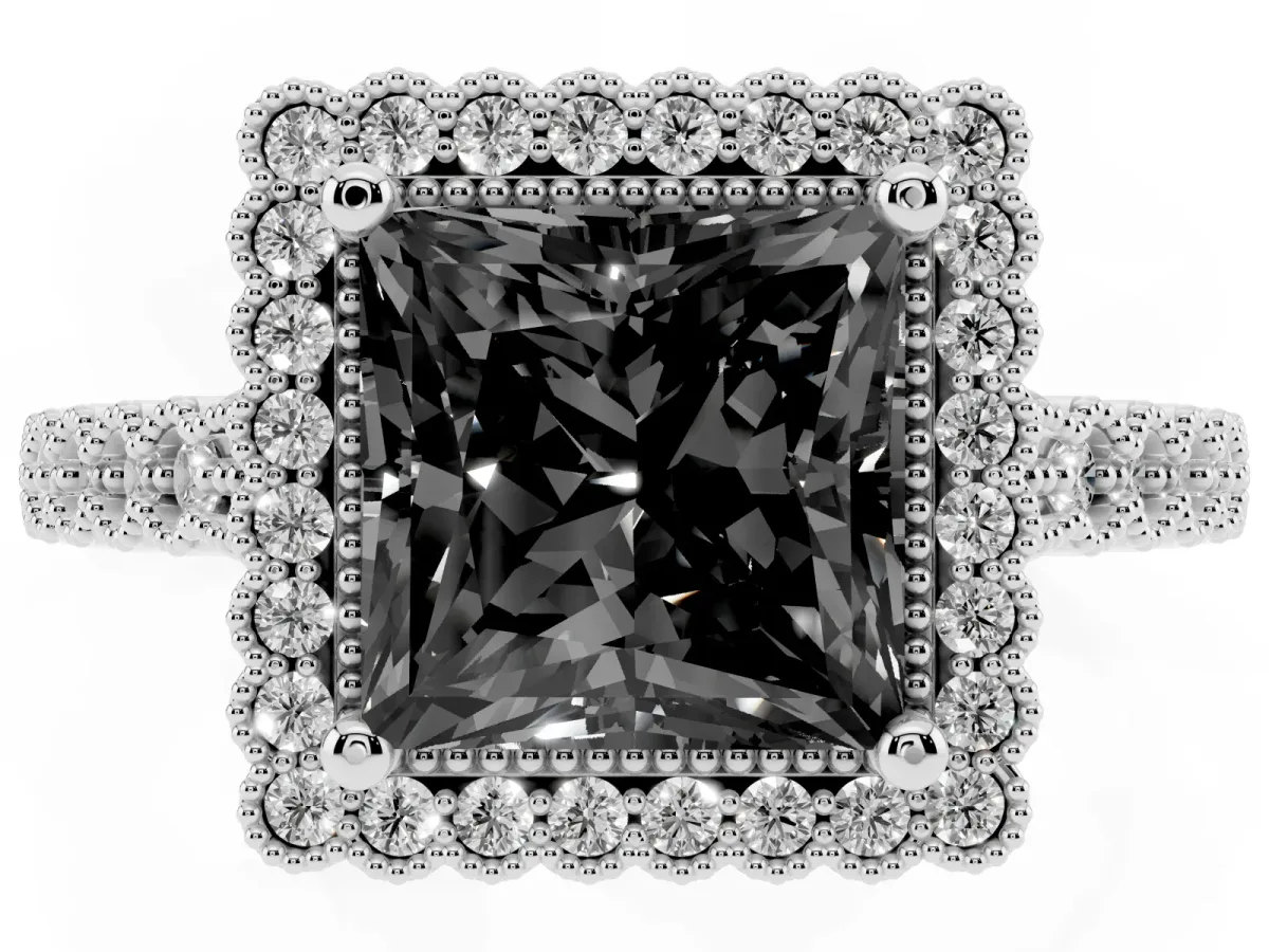 Fancy Black Princess Cut Cut Halo Pavé Solitaire Ring with Milgrain Band Silver