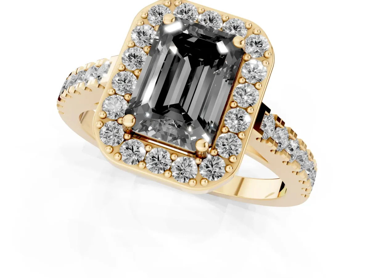 Fancy Black Emerald Cut Diamond Halo Ring with Round Pavé Split Shank and Prong Setting Yellow gold