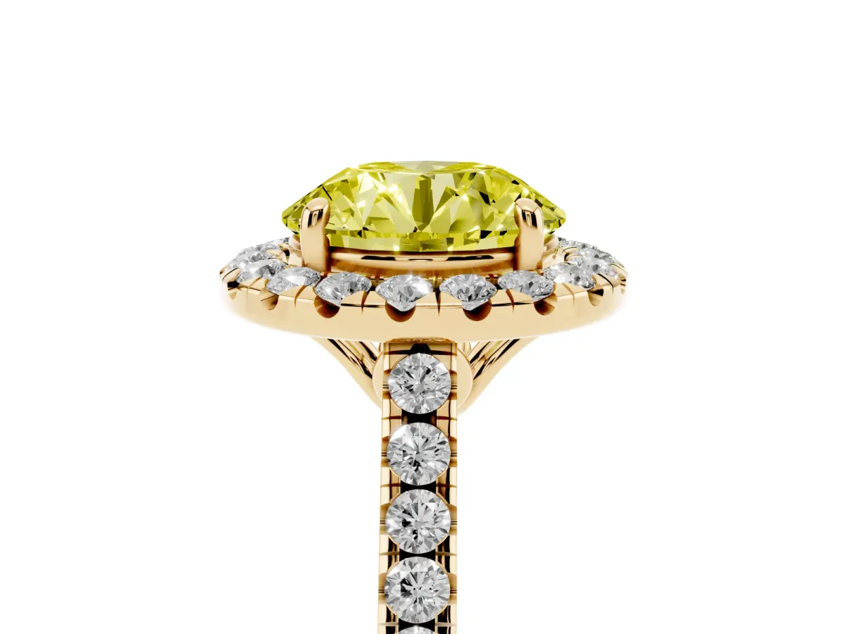 Fancy Yellow Round Cut Halo Pavé Diamond Engagement Ring with Four-Prong Setting Yellow gold