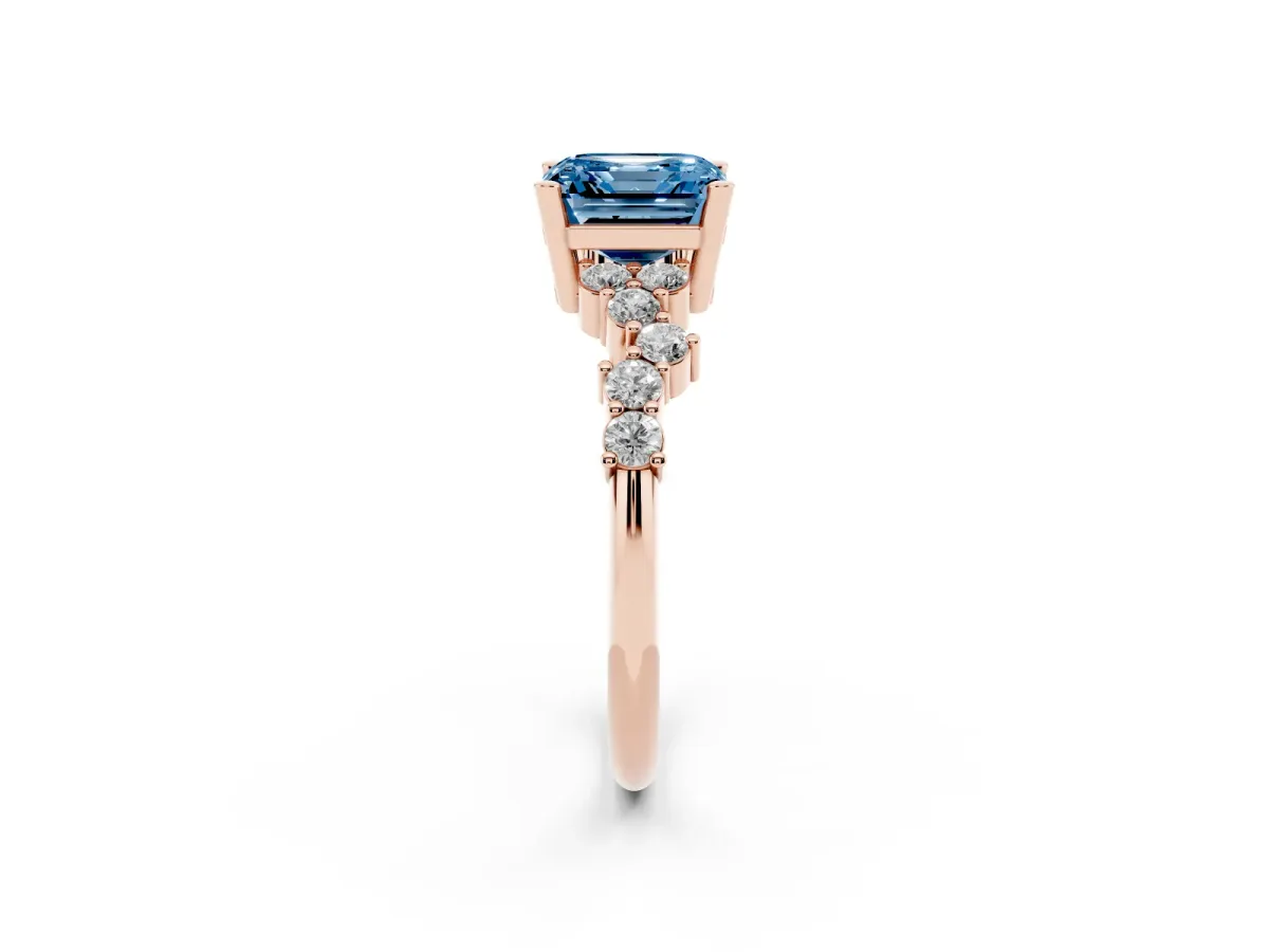 Fancy Blue Asscher Cut Diamond Scattered Round Accent Ring with Prong Setting Rose gold