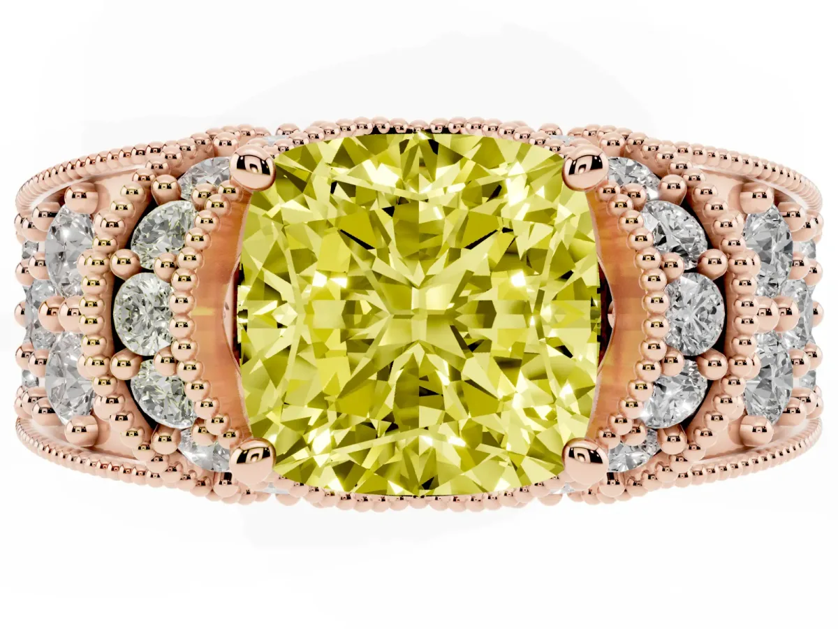 Fancy Yellow Cushion Cut Halo Pave Diamond Engagement Ring with Milgrain Detailing Rose gold