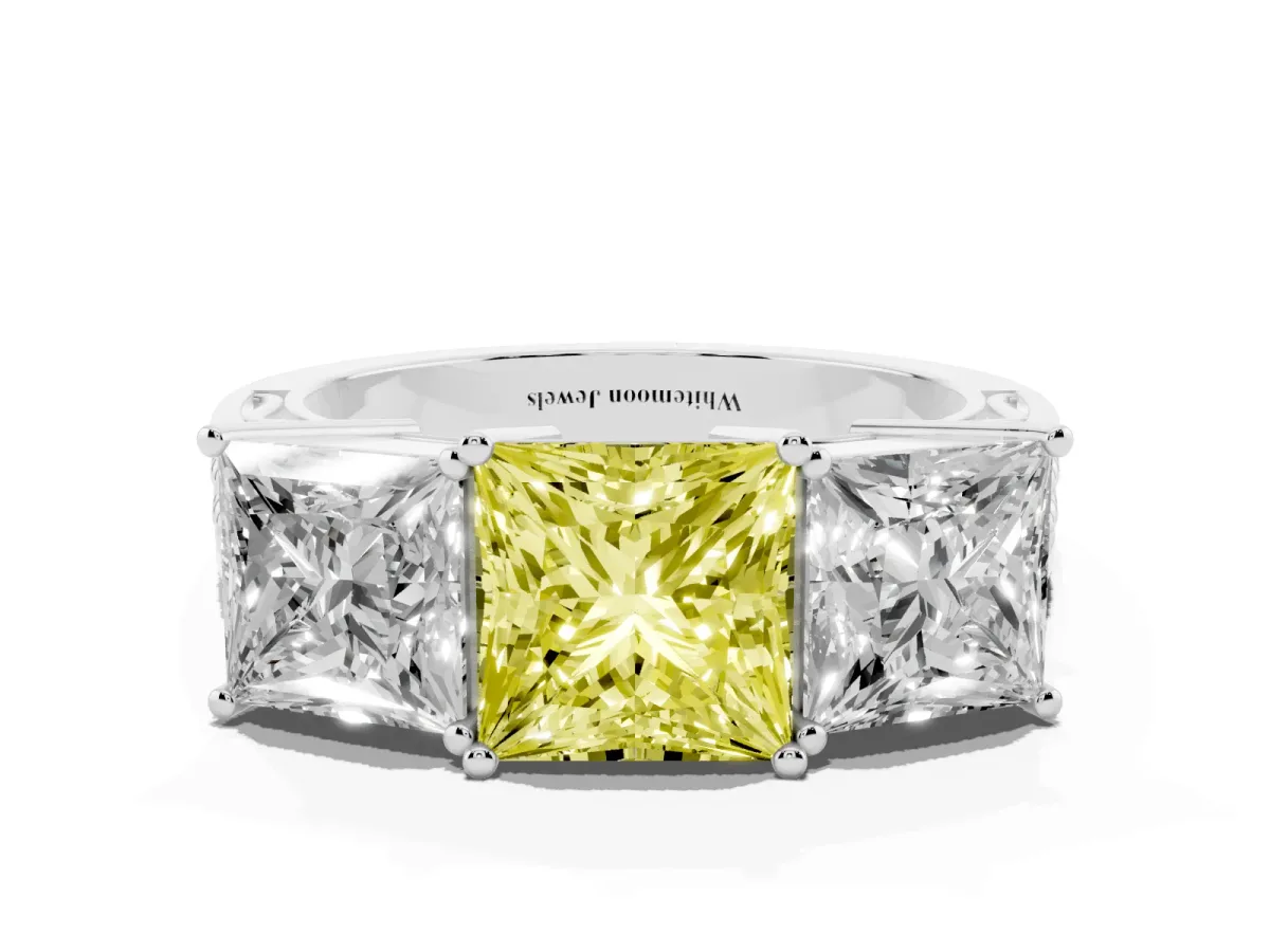 Fancy Yellow Princess Cut Diamond Three-Stone Ring with Prong Setting and Textured Band Silver