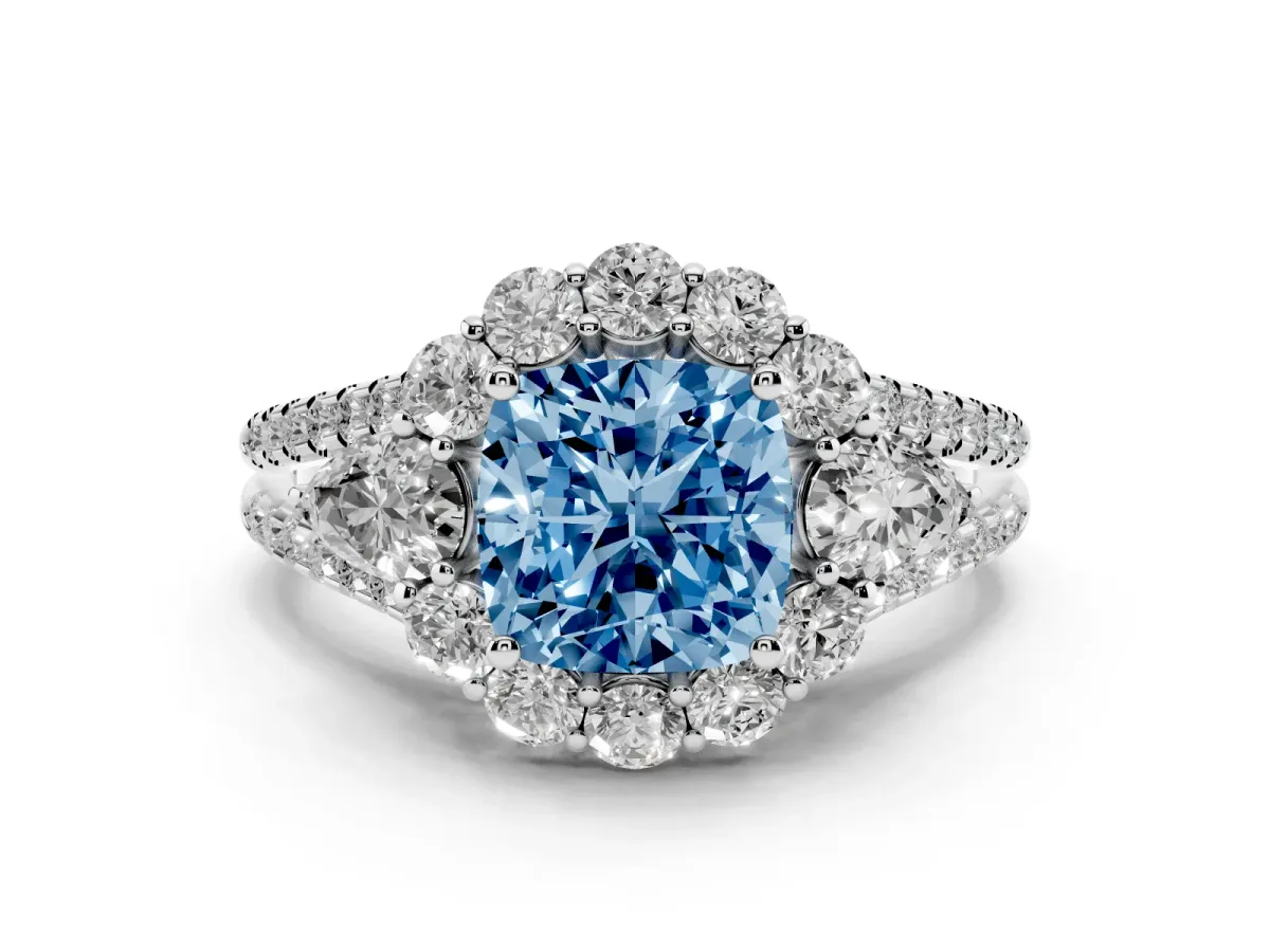Fancy Blue Cushion Cut Halo Split Shank Diamond Engagement Ring with Prong Setting White gold
