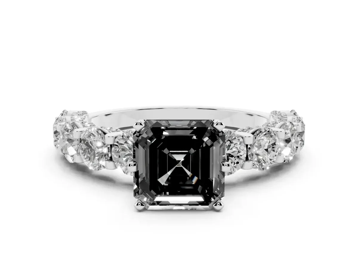Fancy Black Asscher Cut Diamond Side Stone Engagement Ring with Four-Prong Setting Platinum
