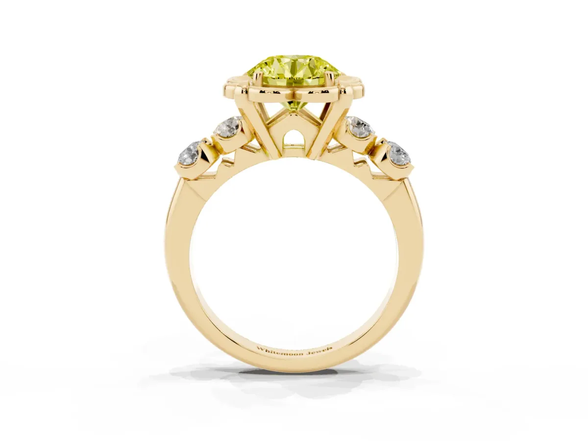 Fancy Yellow Round Cut Cut Diamond Floral Halo Engagement Ring with Shared Prong Setting Yellow gold