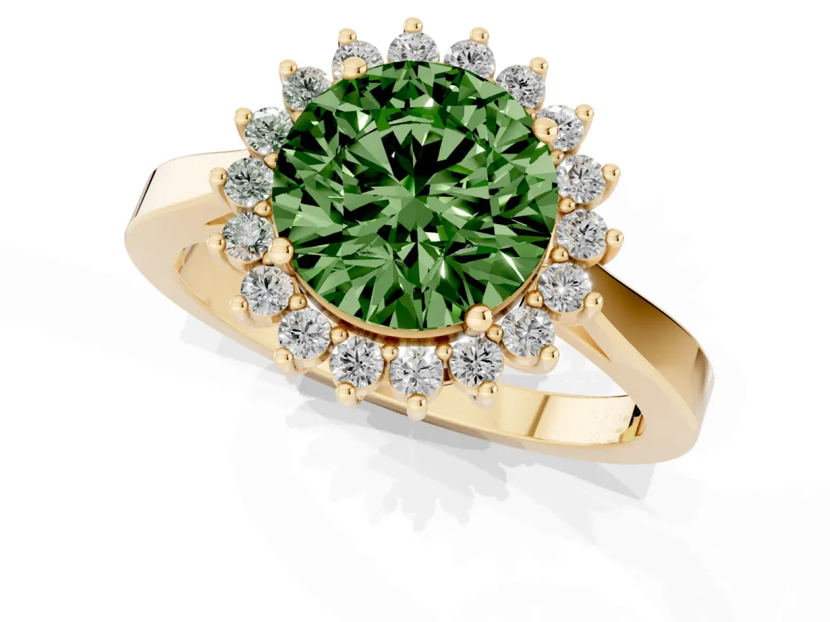 Fancy Green Round Cut Cut Diamond Halo Ring with Round Brilliant Halo and Solitaire Band Yellow gold