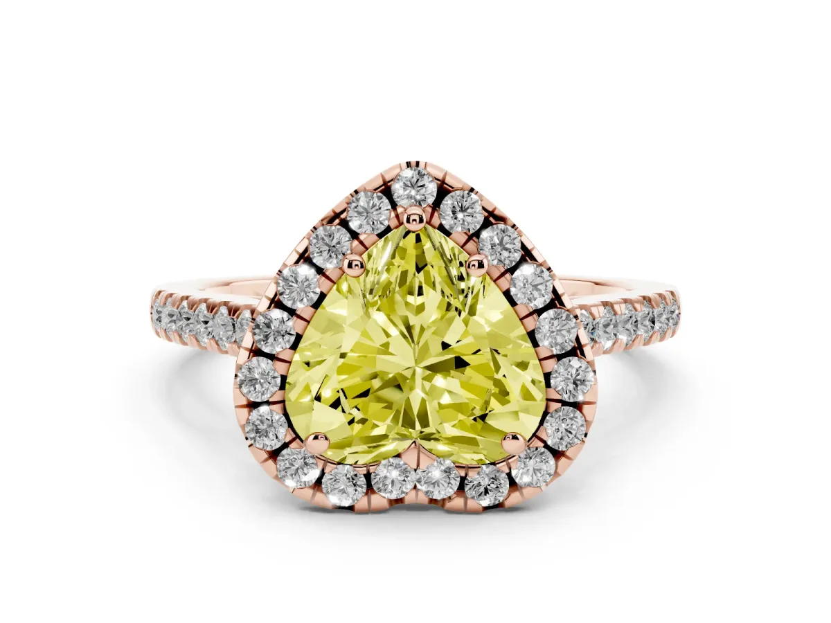 Fancy Yellow Heart Cut Halo Pavé Diamond Engagement Ring with Four-Prong Setting Rose gold