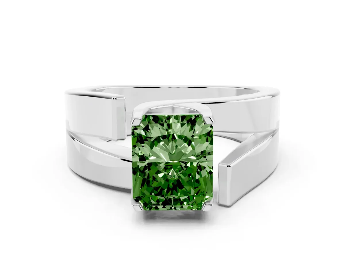 Fancy Green Modern Tension Set Radiant Cut Diamond Solitaire Wide Band Ring Platinum