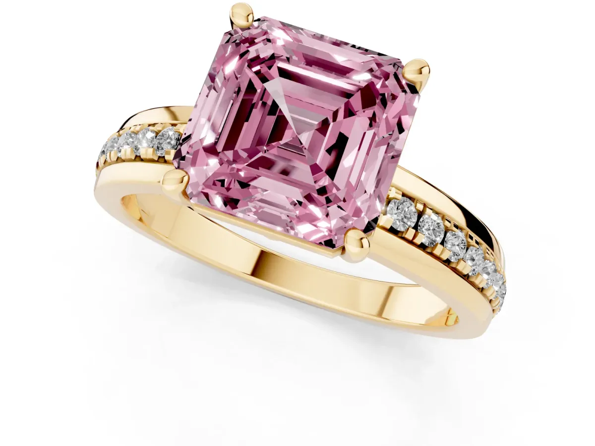 Fancy Pink Asscher Cut Solitaire Diamond Ring with Channel Set Band and Six-Prong Setting Yellow gold