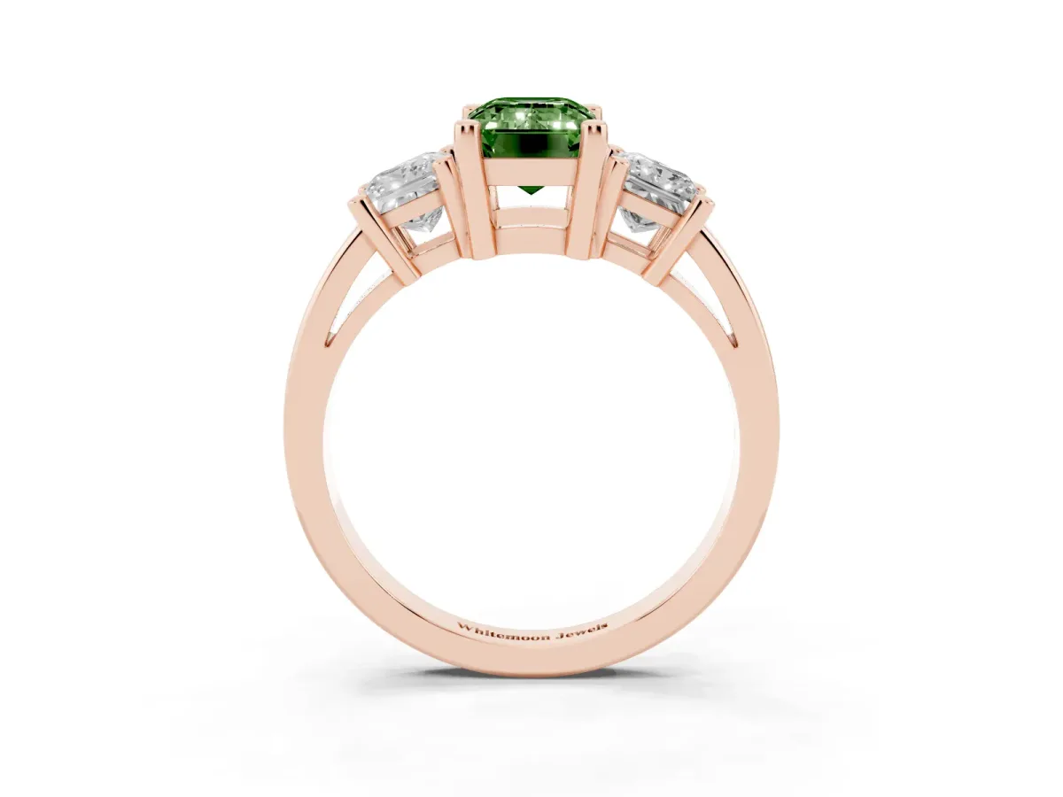 Fancy Green Three-Stone Emerald Cut Cut Solitaire Ring with Prong Setting Rose gold