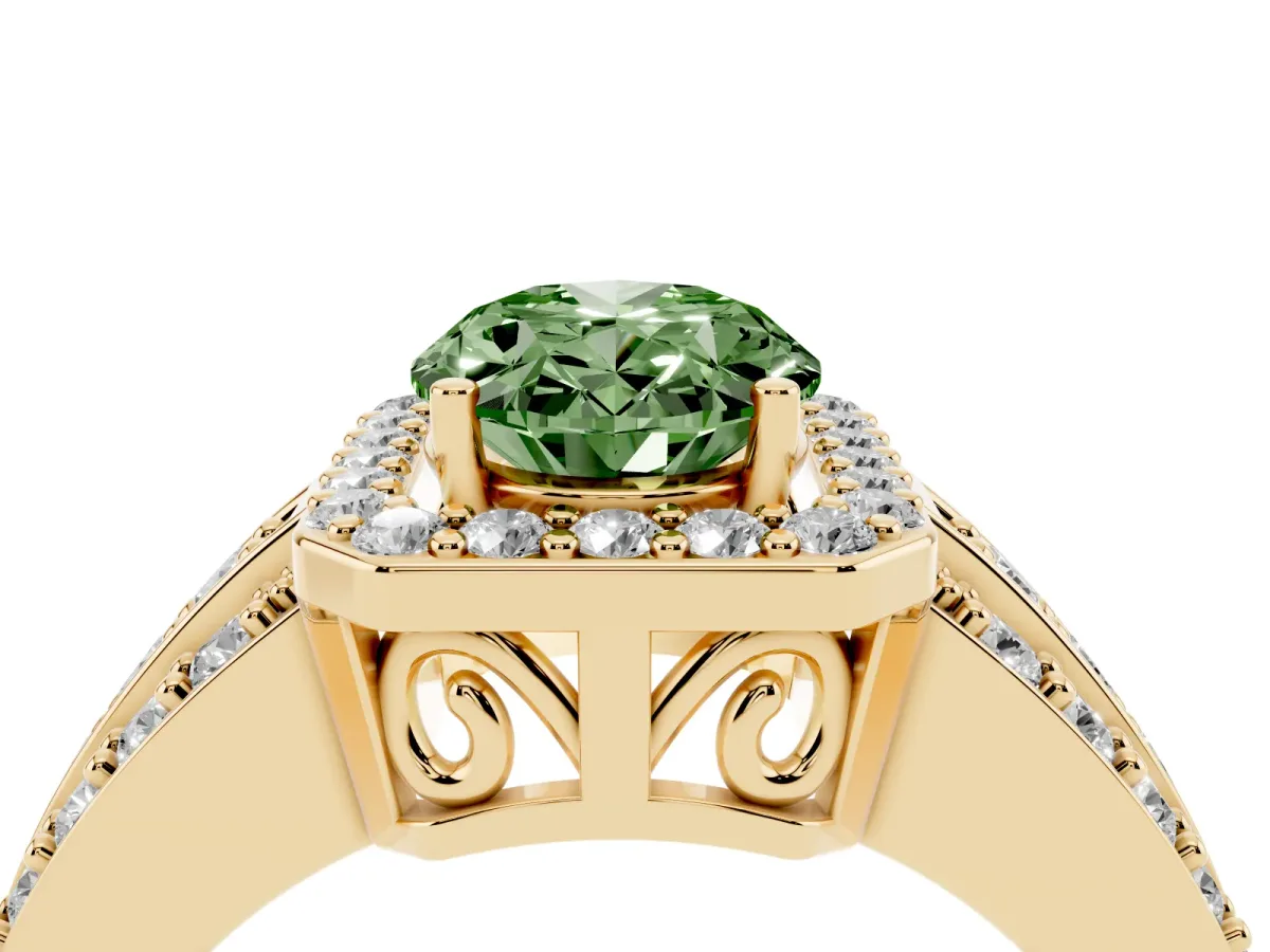Fancy Green Oval Cut Halo Diamond Ring with Round Split Shank and Prong Setting Yellow gold