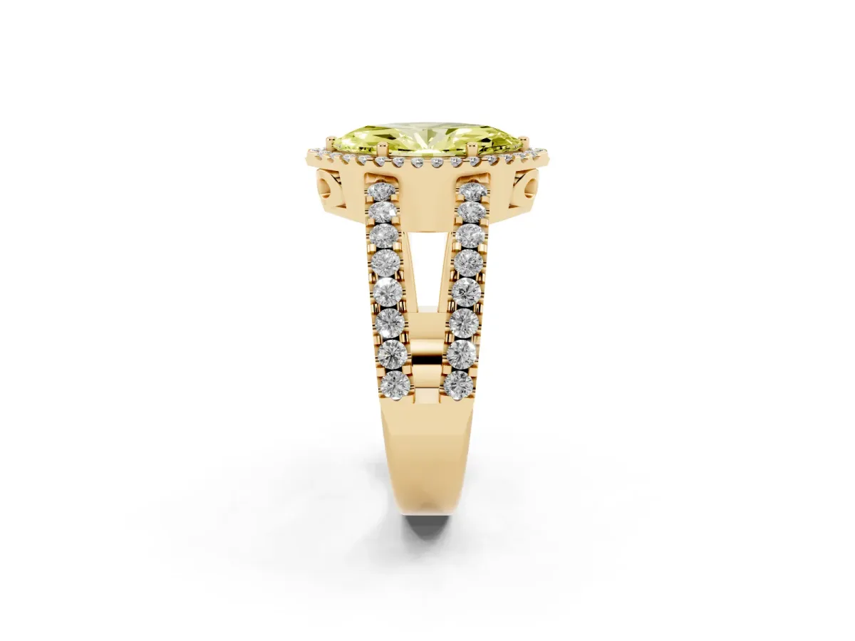 Fancy Yellow Marquise Cut Cut Halo Split Shank Diamond Ring with Four-Prong Setting Yellow gold