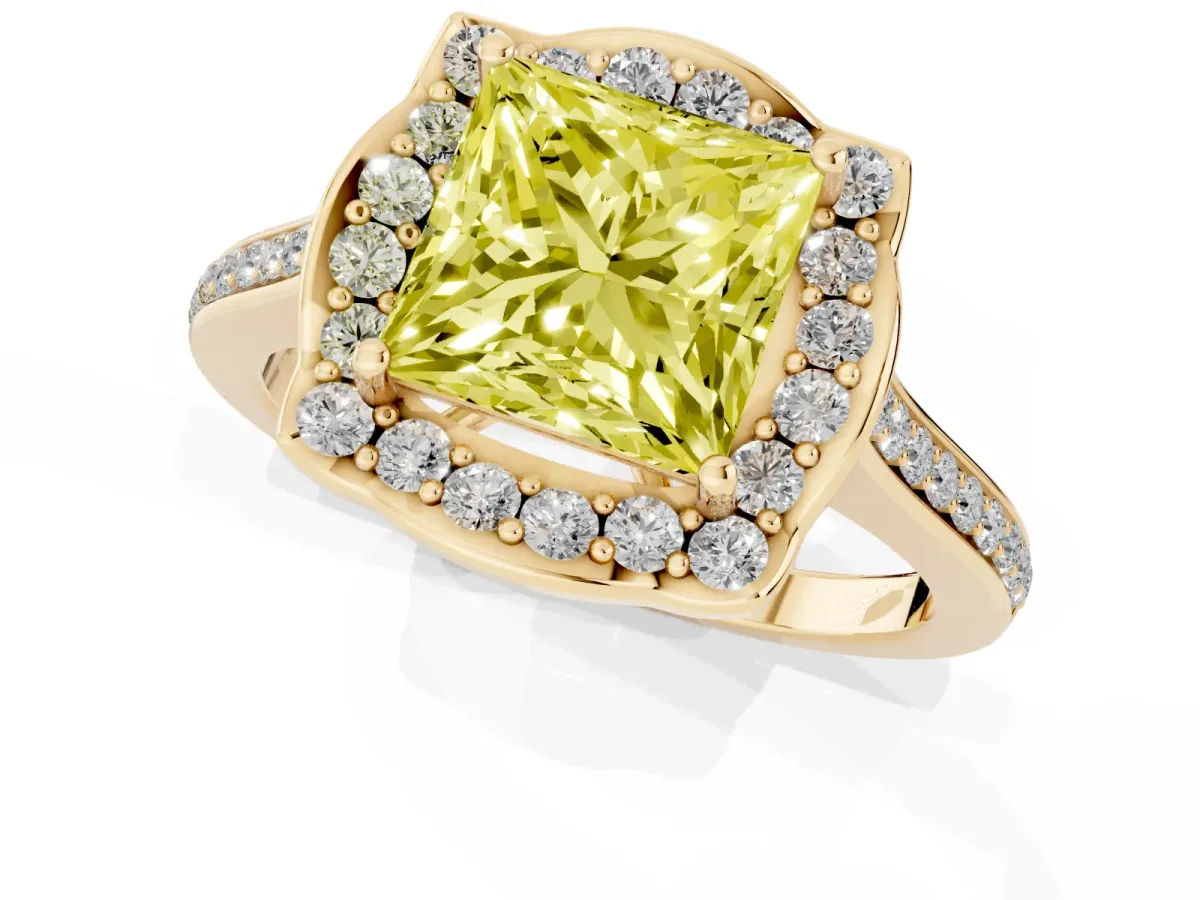 Fancy Yellow Princess Cut Halo Round Diamond Pave Band with Four-Prong Setting Yellow gold