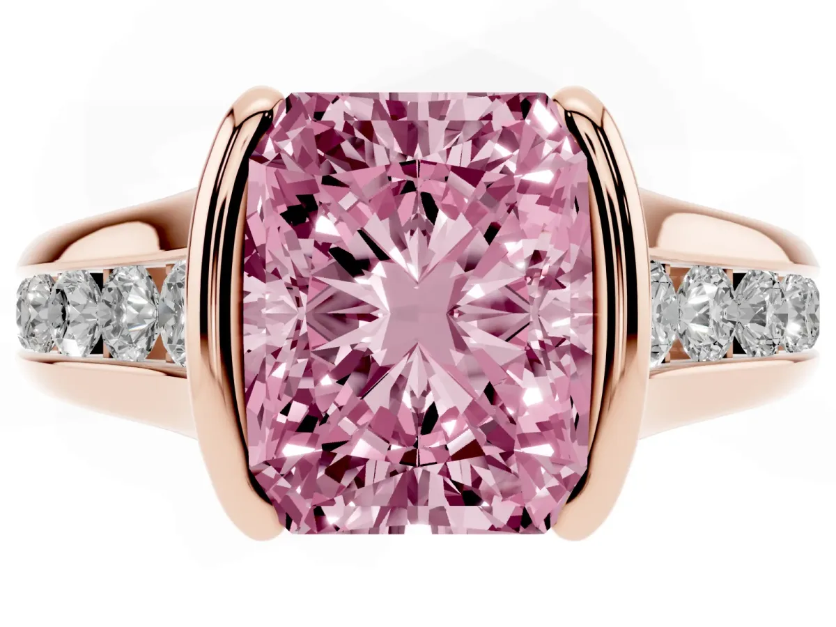 Fancy Pink Radiant Cut Solitaire Bezel-Set Diamond Ring with Channel-Set Band Rose gold