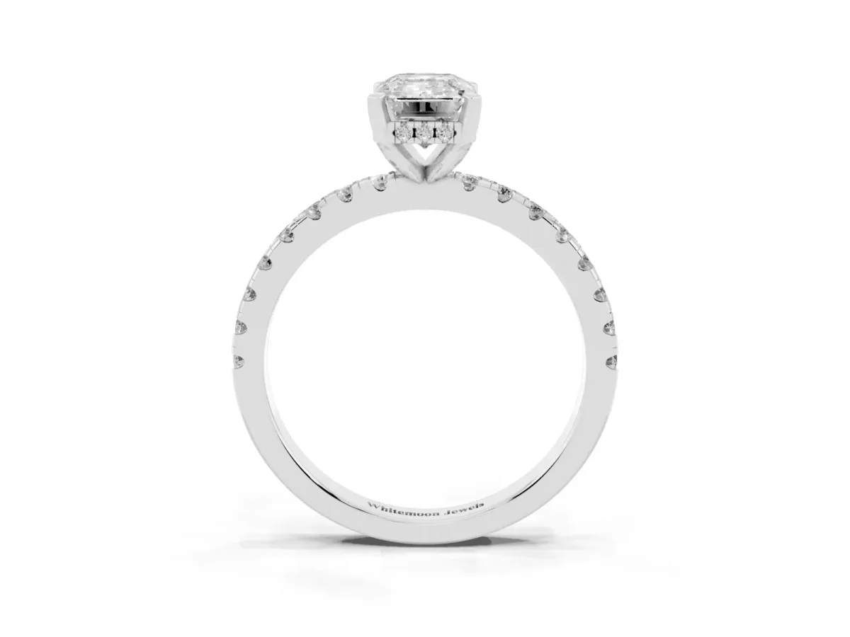 Emerald Cut Diamond Solitaire Ring with Round Pavé Band and Four-Prong Setting Silver