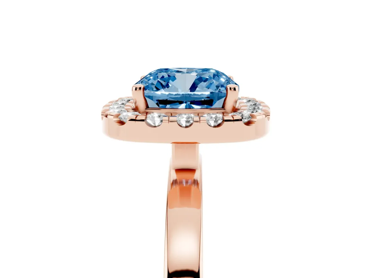 Fancy Blue Cushion Cut Halo Diamond Solitaire with Pavé Band and Four-Prong Setting Rose gold