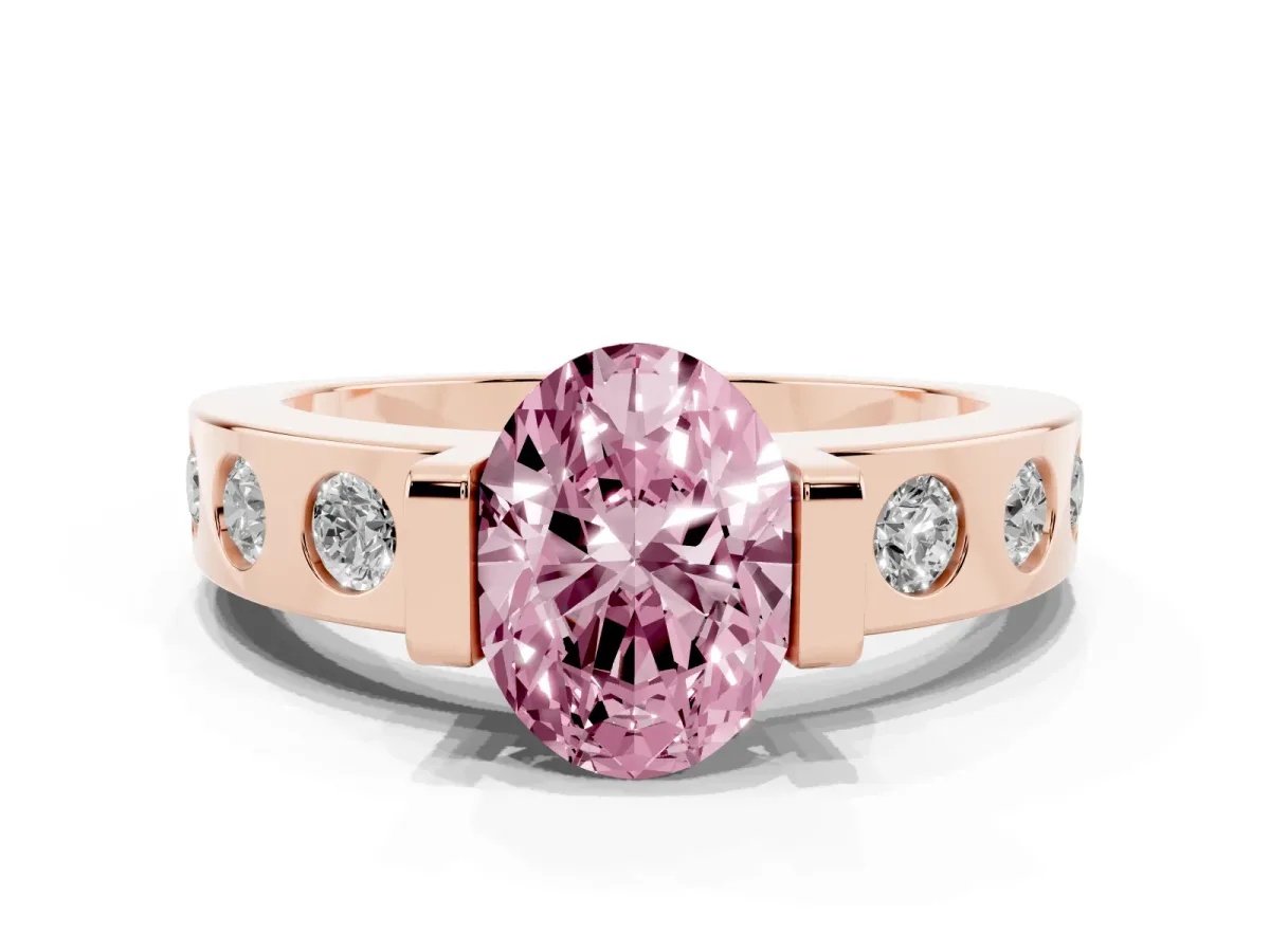 Fancy Pink Oval Cut Brilliant Channel-Set Diamond Ring with Bezel Prong Setting Rose gold