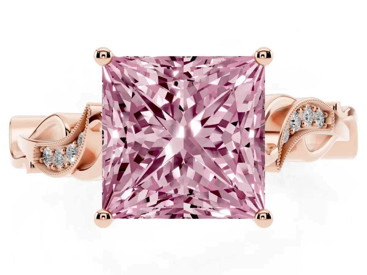 Fancy Pink Princess Cut Solitaire Vine Band with Milgrain Prong Setting Rose gold