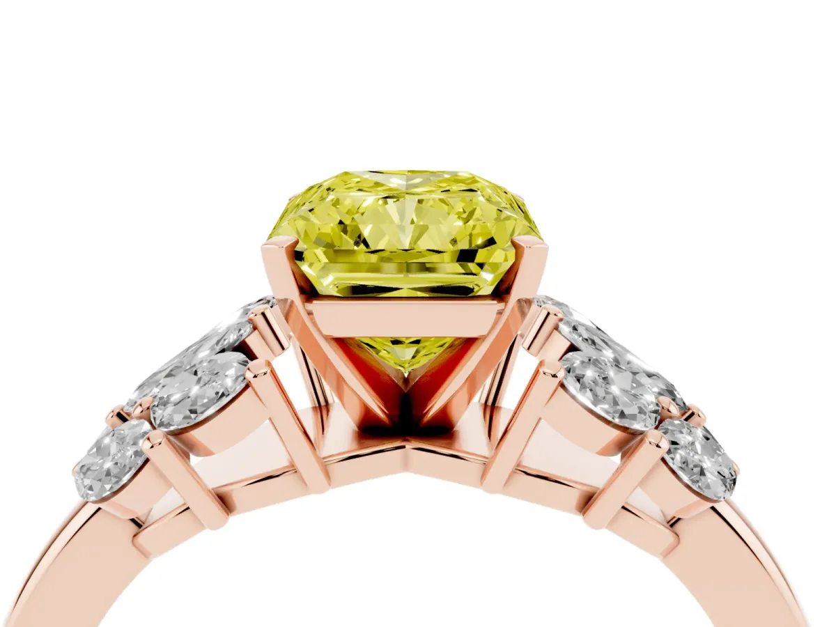 Fancy Yellow Radiant Cut Diamond Cluster Leaf Design Ring with Prong Setting Rose gold