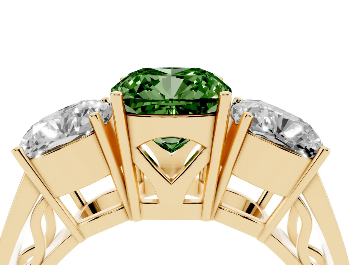 Fancy Green Cushion Cut Diamond Three-Stone Ring with Prong Setting and Textured Band Yellow gold