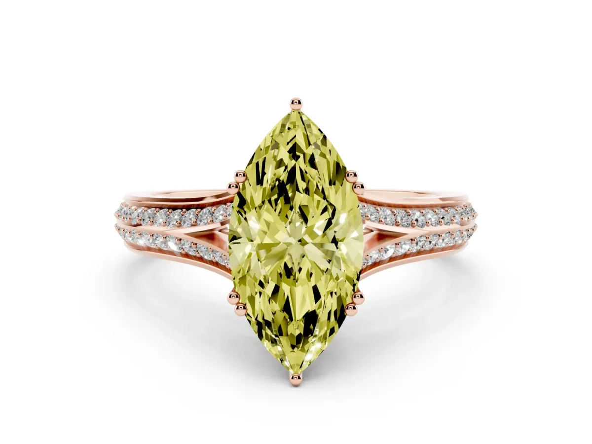 Fancy Yellow Marquise Cut Diamond Split Shank Engagement Ring with Pavé Band Rose gold
