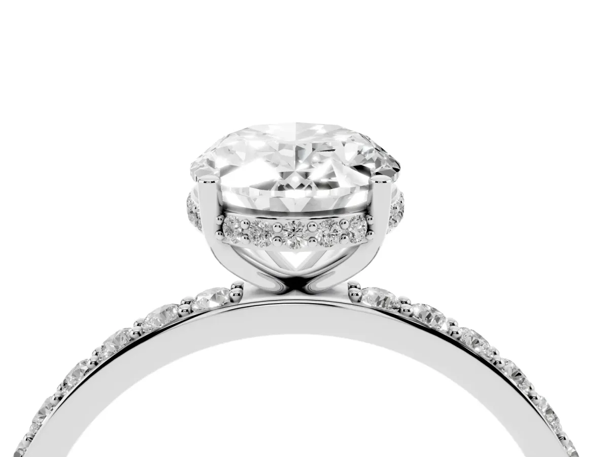 Oval Cut Diamond Solitaire Ring with Pavé Band and Hidden Halo Silver