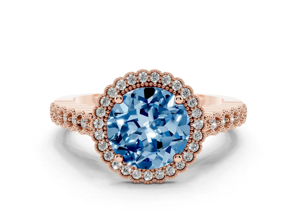 Fancy Blue Round Cut Cut Halo Pavé Solitaire Ring with Milgrain Band Rose gold