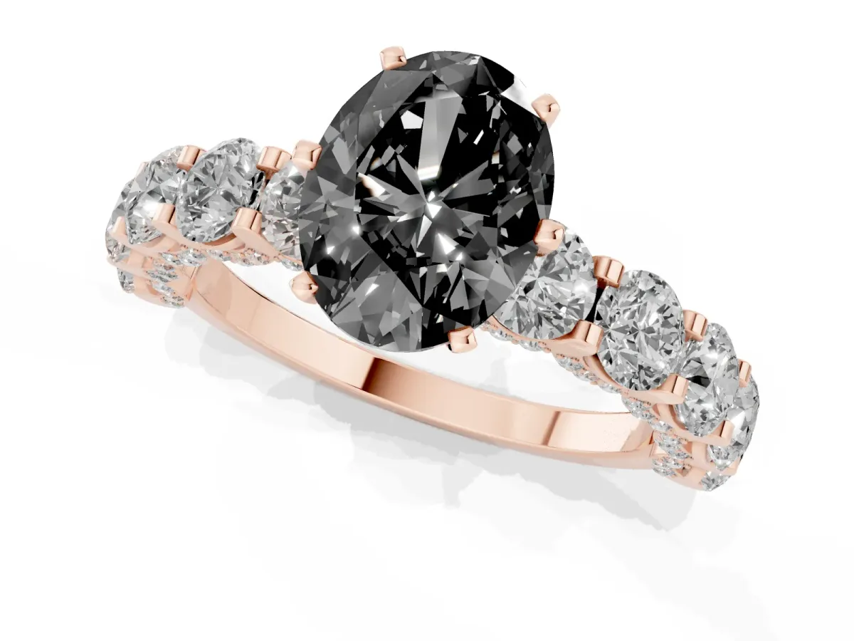 Fancy Black Oval Cut Diamond Side Stone Engagement Ring with Four-Prong Setting Rose gold