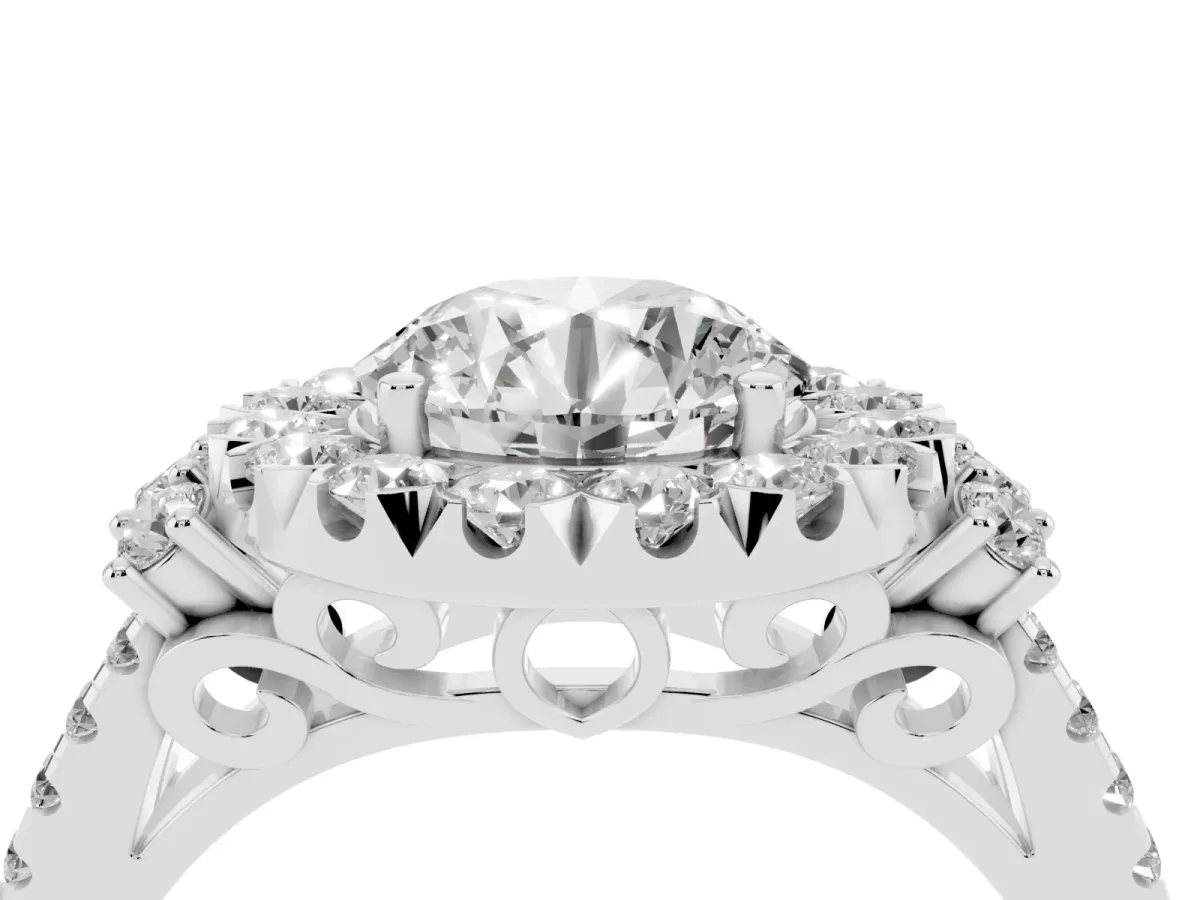 Round Cut Cut Double Halo Diamond Engagement Ring with Pave Band and Four-Prong Setting Platinum