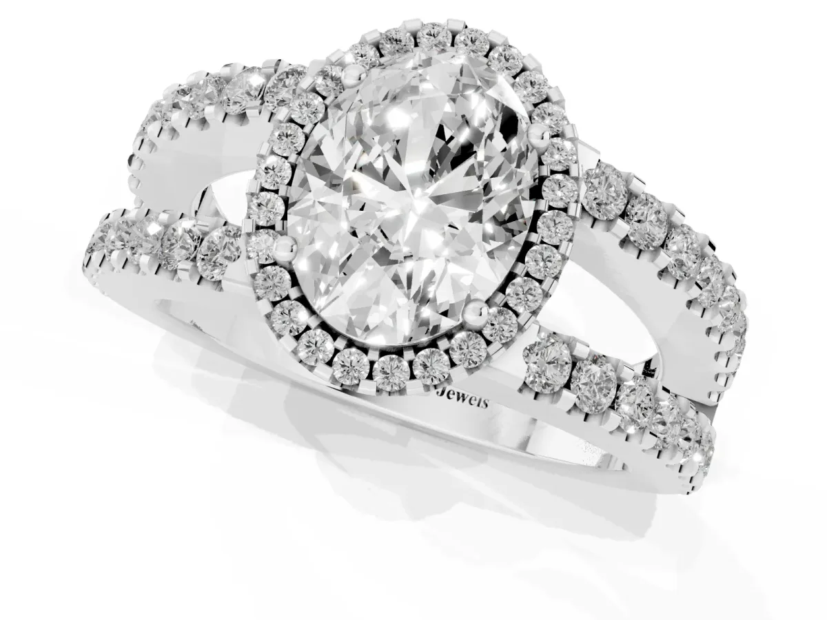 Oval Cut Cut Halo Split Shank Diamond Ring with Four-Prong Setting Silver