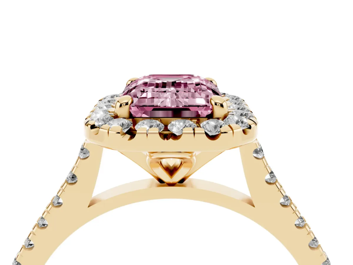 Fancy Pink Emerald Cut Diamond Cushion Halo Ring with Pavé Band Yellow gold