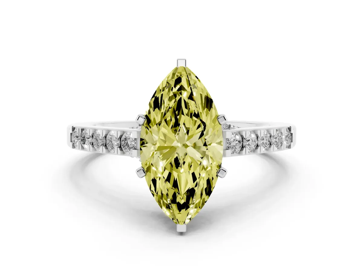 Fancy Yellow Marquise Cut Diamond Solitaire Ring with Crossover Gallery and Round Pavé Band Platinum