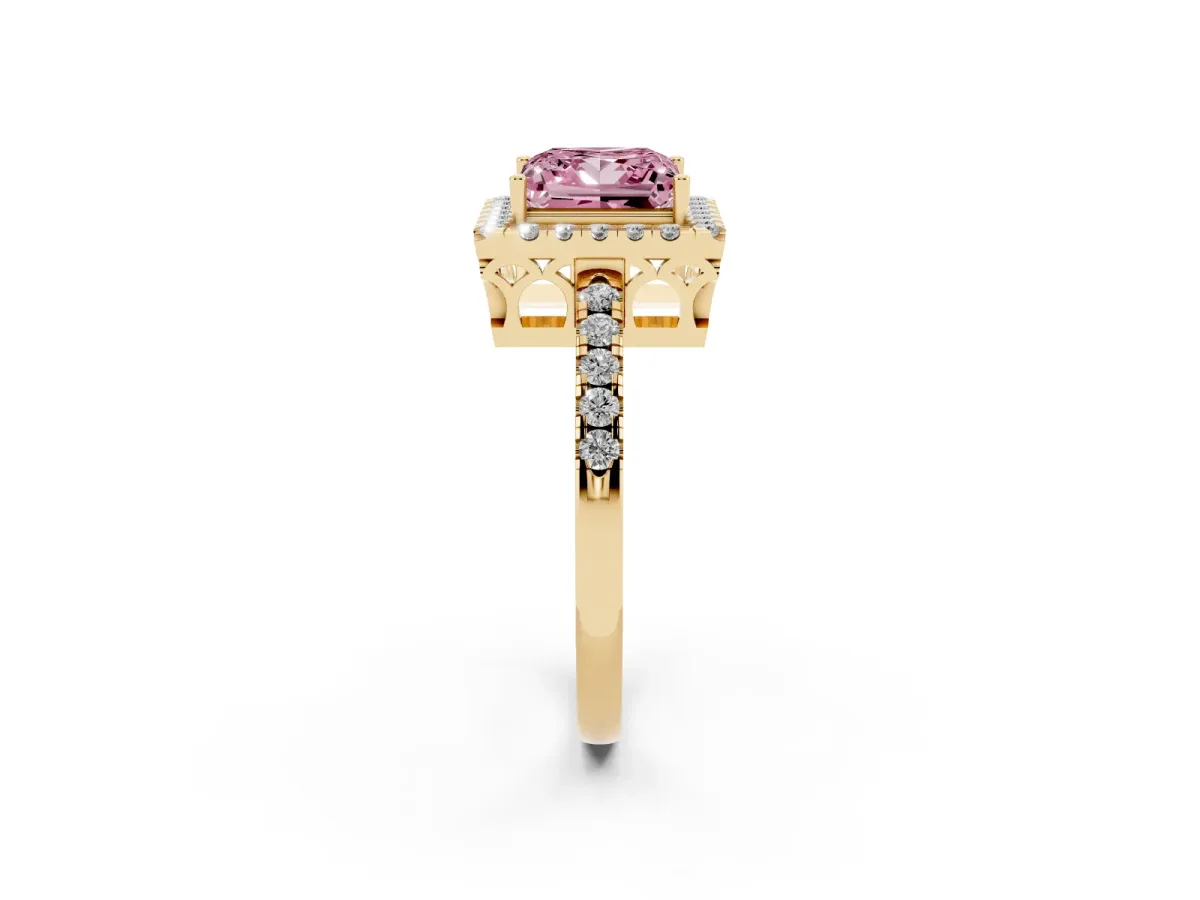 Fancy Pink Princess Cut Halo Diamond Engagement Ring with Pavé Band and Four-Prong Setting Yellow gold
