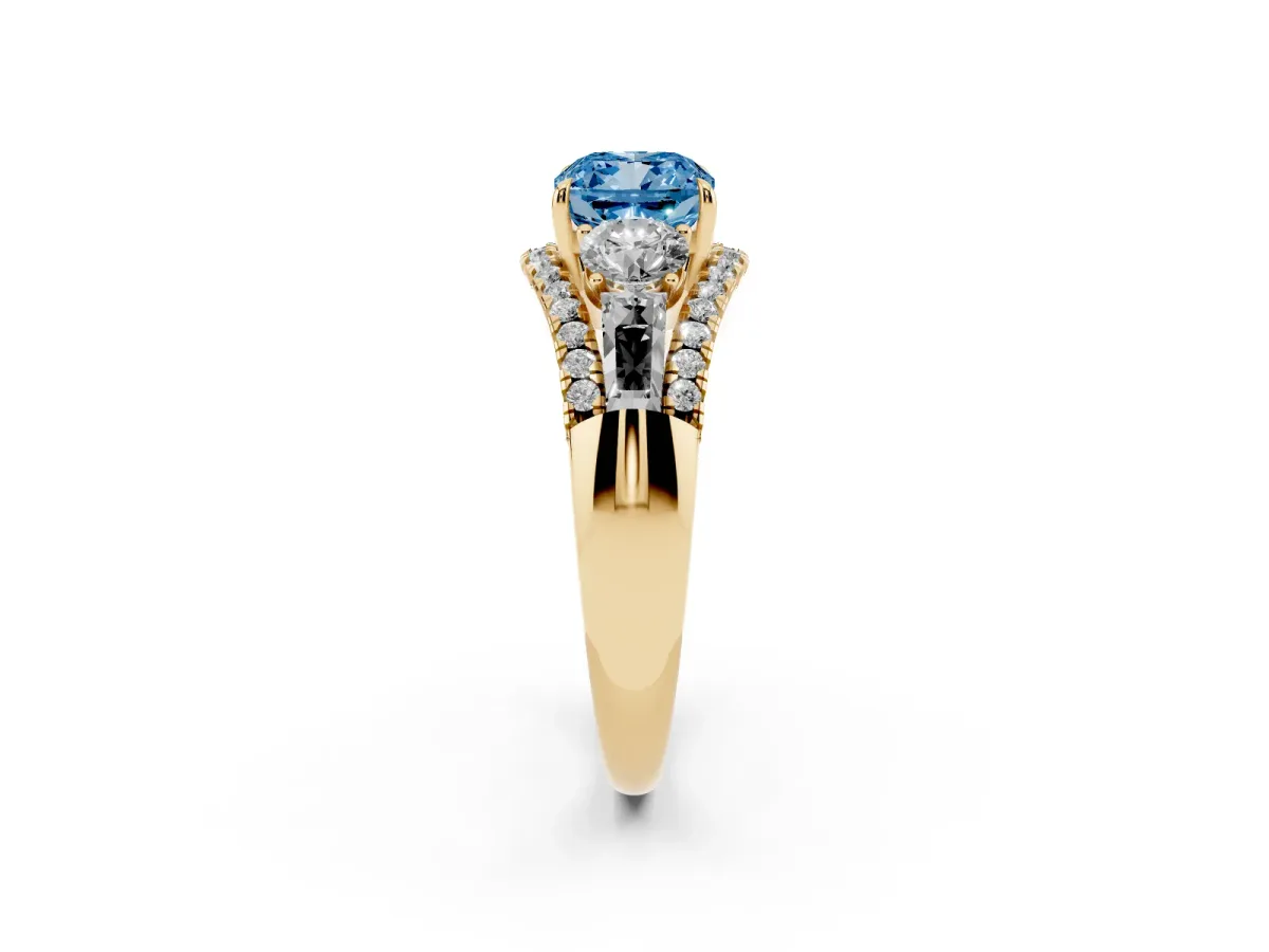 Fancy Blue Three-Stone Cushion Cut Diamond Engagement Ring with Pave Band and Prong Setting Yellow gold