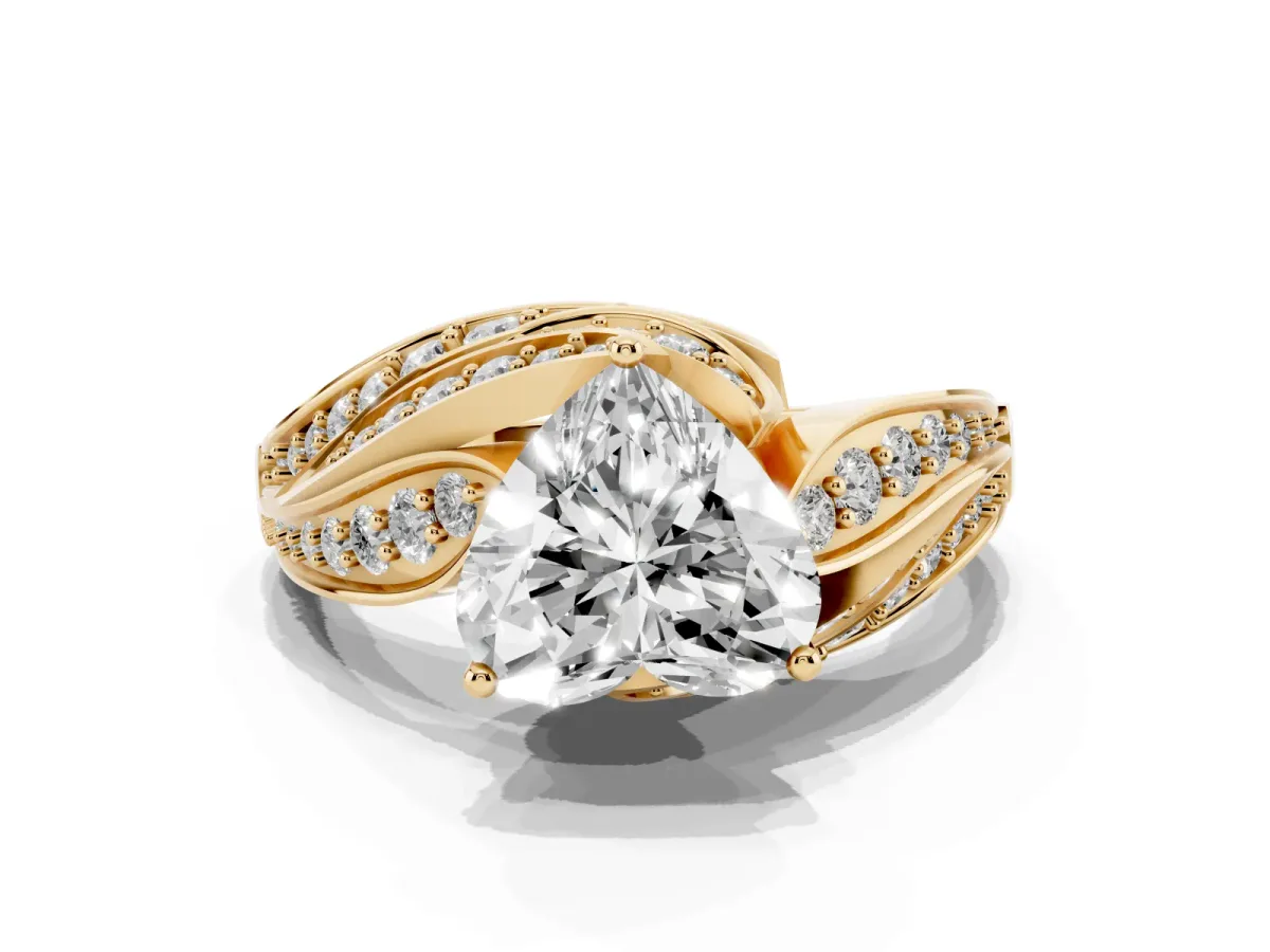 Heart Cut Diamond Solitaire Ring with Prong Setting and Twisted Pavé Band Yellow gold