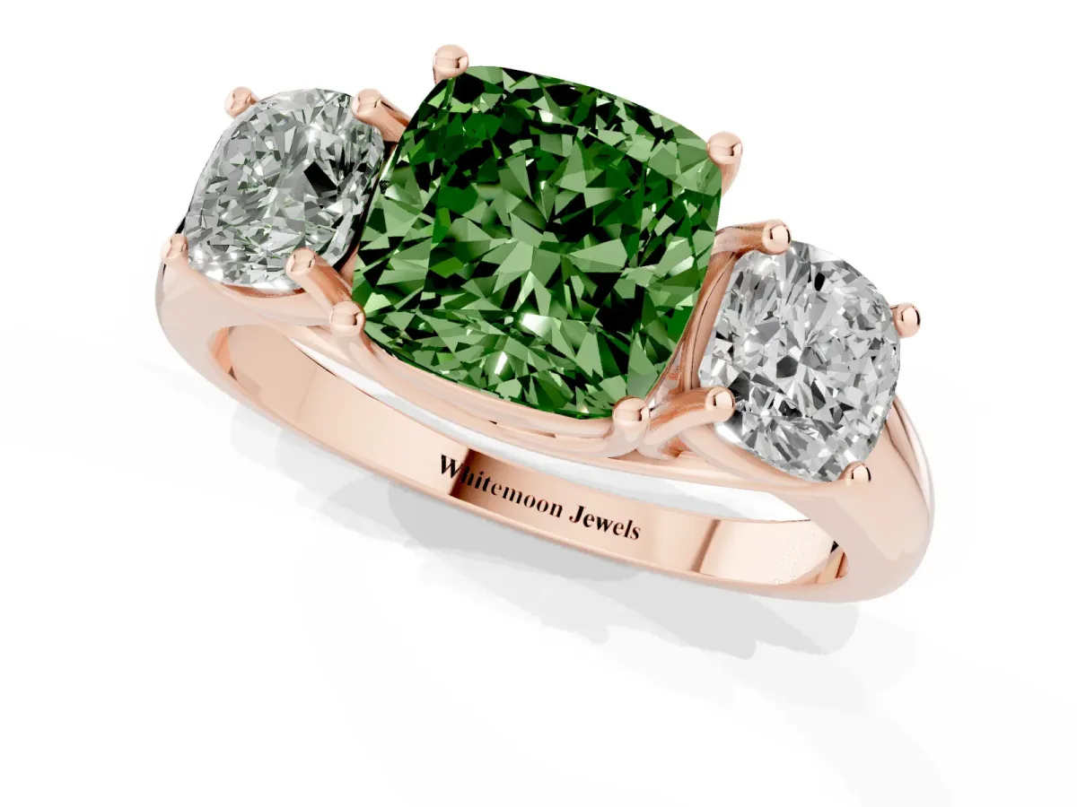 Fancy Green Three-Stone Cushion Cut Diamond Engagement Ring with Prong Setting Rose gold